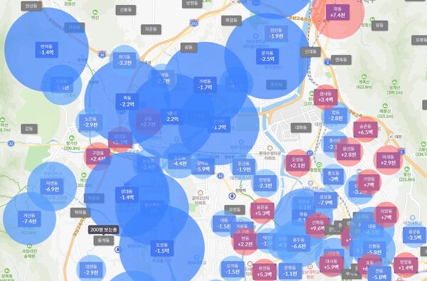 대전시 2021년 03월 ~ 2023년 03월 아파트 매매 가격 변동 그래프. 호갱노노 어플리케이션