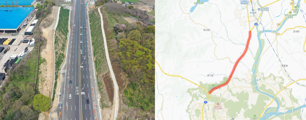 30일 개통되는 행복도시~조치원 연결도로 모습(왼쪽)과 확장 구간을 지도에 표시한 모습.