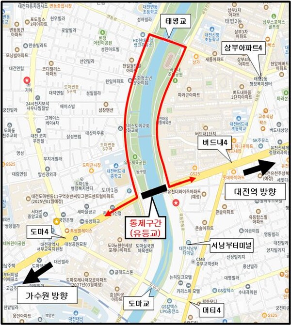 유등교 침하로한 우회노선도 (전체노선, 608번 제외)