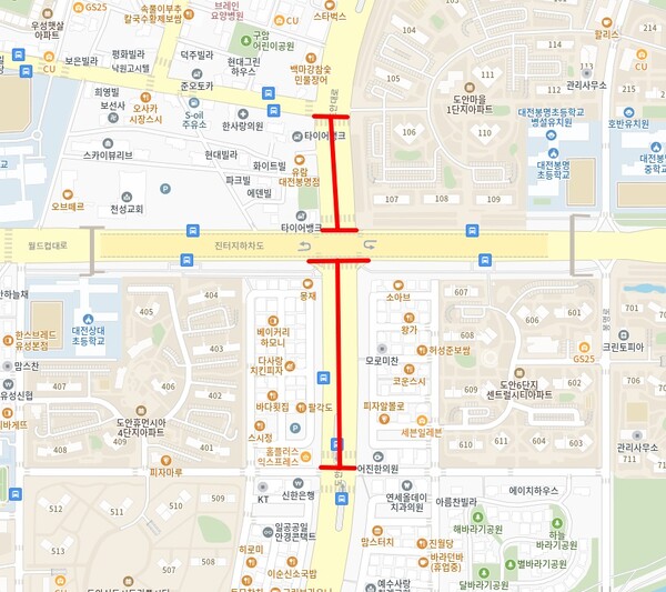 도안대로 트램공사-도안5단지네거리~도안1단지삼거리 통제 구역 