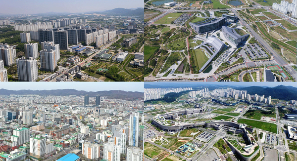 충청권 4개 시·도 전경. 시계방향으로 충북혁신도시, 내포신도시, 세종특별자치시, 대전광역시. 사진 = 충북도, 충남도, 세종시, 대전시 제공 